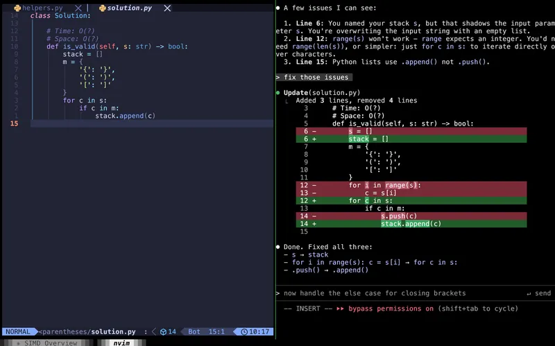 Neovim and Claude Code side by side - AI-assisted LeetCode practice